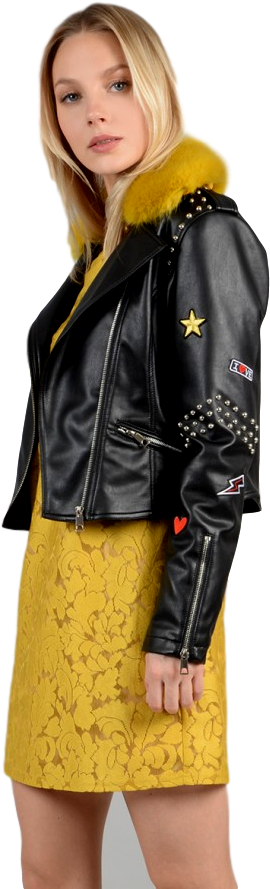 Ladies Woven Black W Yellow Faux Fur Jacket - Leather Jacket (700x910), Png Download
