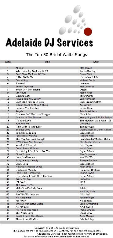 Adelaide Dj Services Top 50 Bridal Waltz Songs Pdf - Wedding (615x869), Png Download