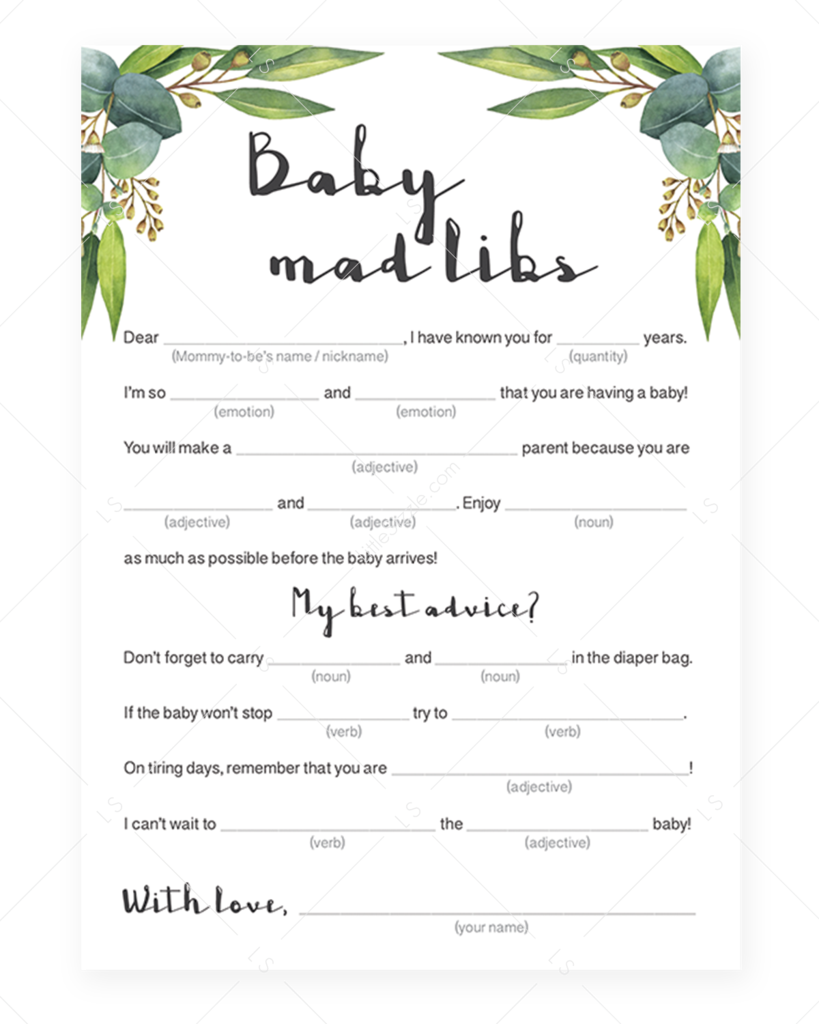 Baby Mad Libs Baby Shower Game Printable With Eucalyptus - Emoji Baby Shower Game (819x1024), Png Download