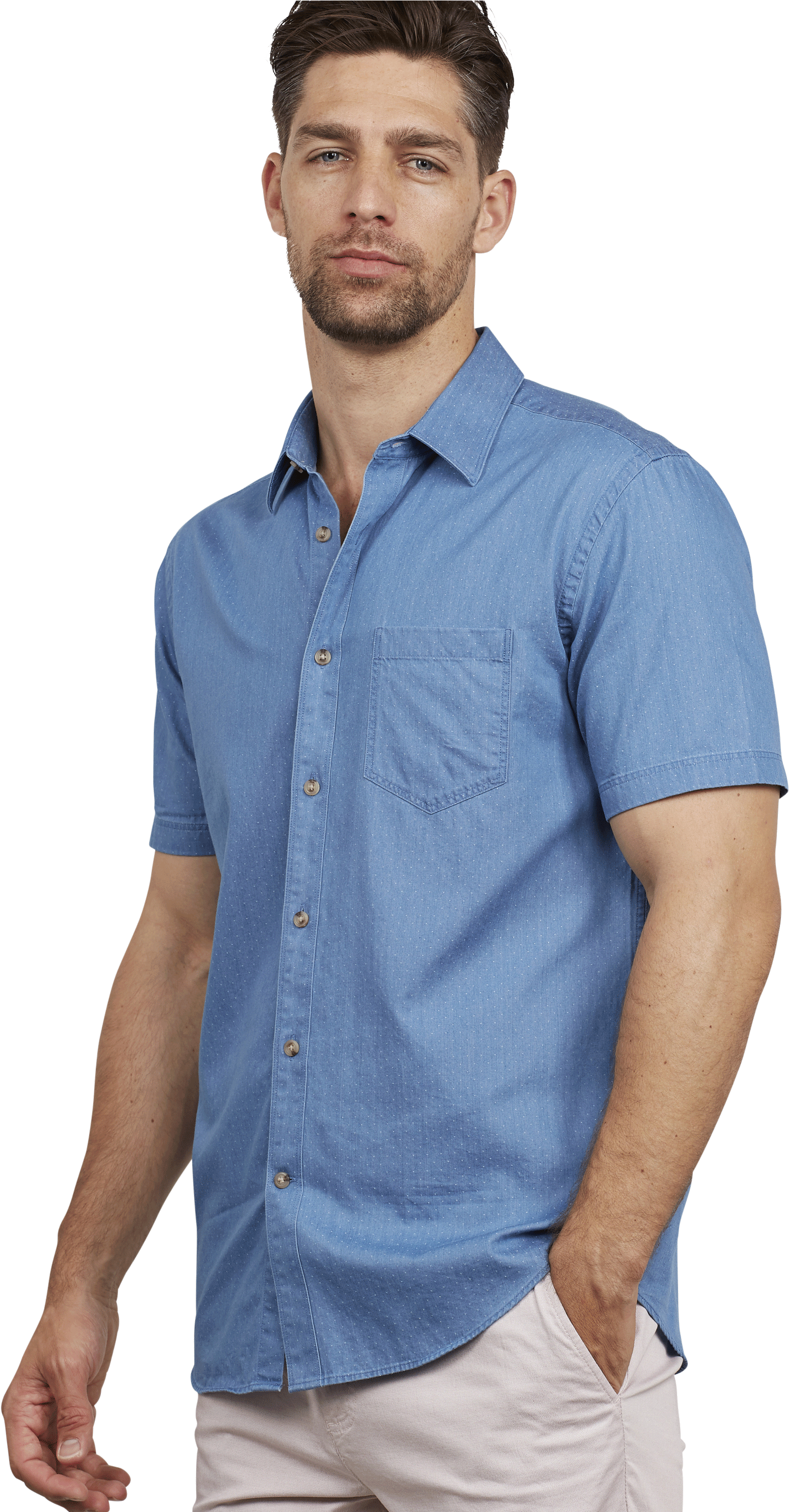 Get The Melgund Dobby Shirt In Denim Online - Freemans Knitted Polo Jumper In Khaki Size 38r (2000x3000), Png Download