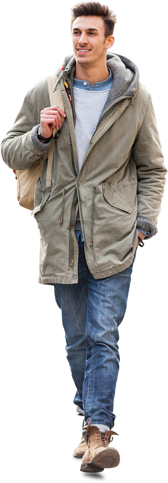 Cutout Man Walking In Green Jacket (572x1599), Png Download