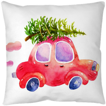 Watercolor Winter Retro Car With Christmas Tree Illustrations - Christmas Tree On Car Drawing (400x400), Png Download