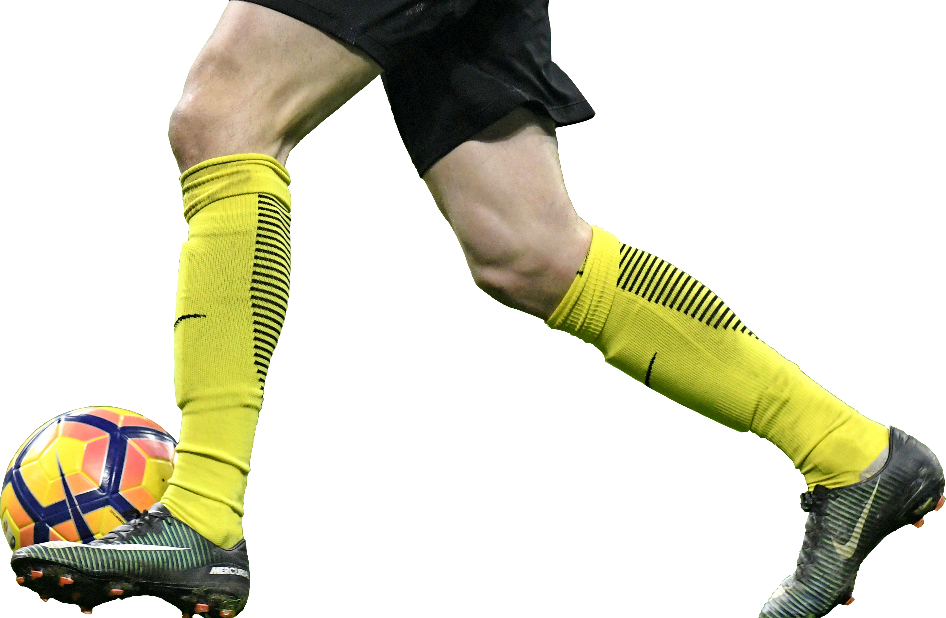 A Player Dribbling With The Soccer Ball At His Feet - Soccer Player Leg Png (3182x2080), Png Download