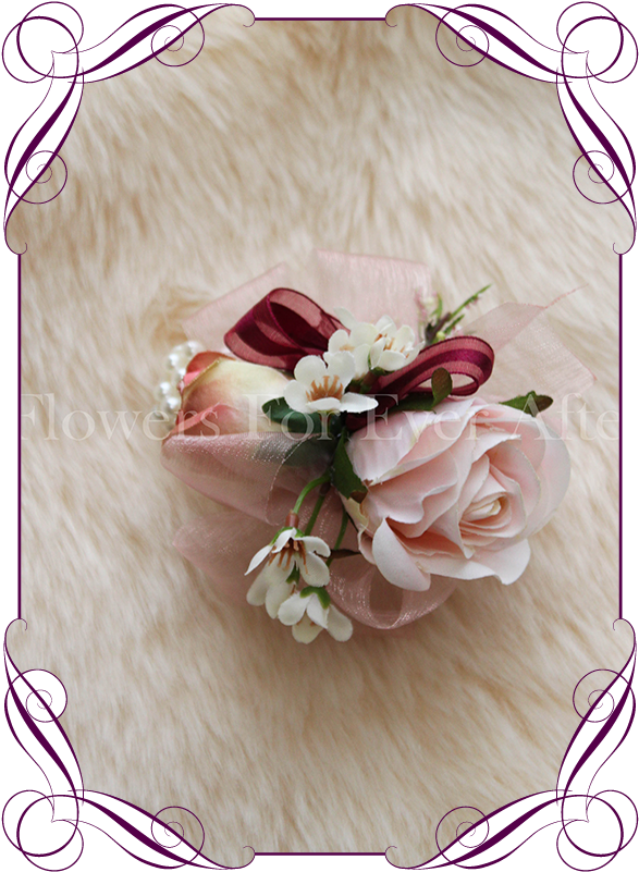 Silk Artificial Burgundy And Blush Ladies Wrist Corsage (608x822), Png Download