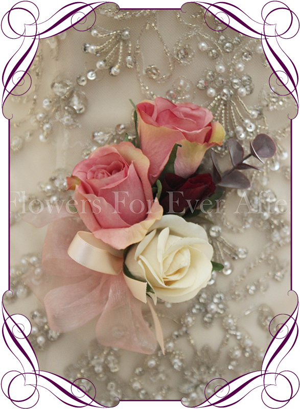 Silk Artificial Rose Pink And Cream Ladies Corsage - Garden Roses (608x822), Png Download