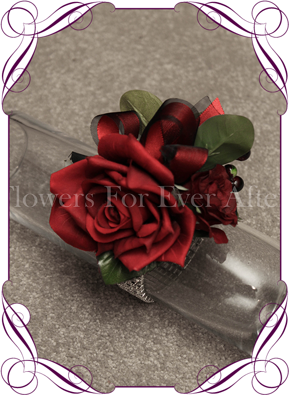 Silk Artificial Red Rose And Berry Ladies Formal / - Mason Jar With Burgundy Flower (608x822), Png Download