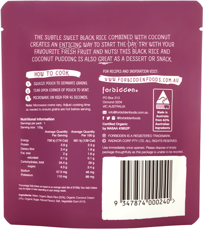 Forbidden Brekky Rice Black Rice & Coconut Organic - Forbidden Black Rice & Quinoa Organic Instant Rice (850x850), Png Download