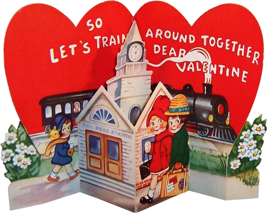 Large Vintage 1930's Pop Up Train Station Valentine - Train (1061x1061), Png Download