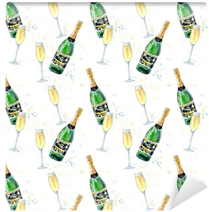 Seamless Pattern Of A Champagne And Glasses - Watercolor Painting (400x400), Png Download
