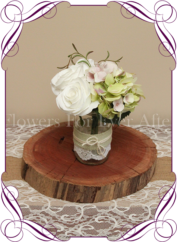 White Rose Green Hydrangea Rustic Style Silk Artificial - Peonies Baby's Breath Mason Jar (608x822), Png Download