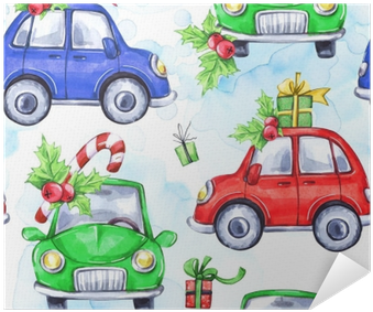 Watercolor Seamless Pattern With Cartoon Holidays Cars - Watercolor Painting (400x400), Png Download