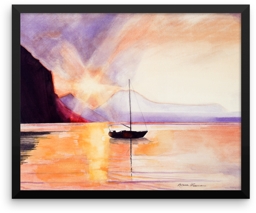 Baja Sunset With Sailboat Framed Watercolor Print - Painting (1000x1000), Png Download