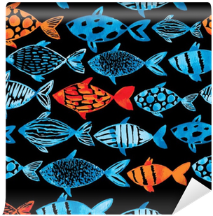 Light Watercolor Blue And Gold Fishes On The Black - Watercolor Painting (400x400), Png Download