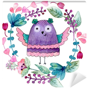 Watercolor Funny Illustration With Owl And Flowers - Watercolor Painting (400x400), Png Download