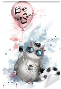 Illustration Of A Cute Cat In Rocker Style, With Round - Watercolor Painting (400x400), Png Download