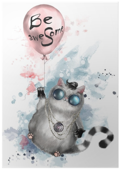 Illustration Of A Cute Cat In Rocker Style, With Round - Watercolor Painting (400x400), Png Download