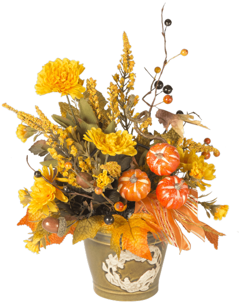Silk Fall Wreath Pot & Pumpkins • - Wreath (500x611), Png Download