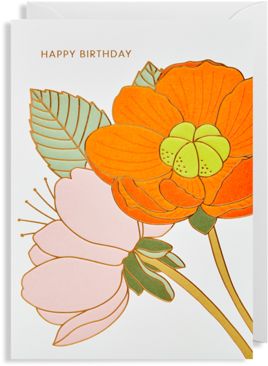 Happy Birthday Orange And Pink Gold Embossed Flower (560x600), Png Download