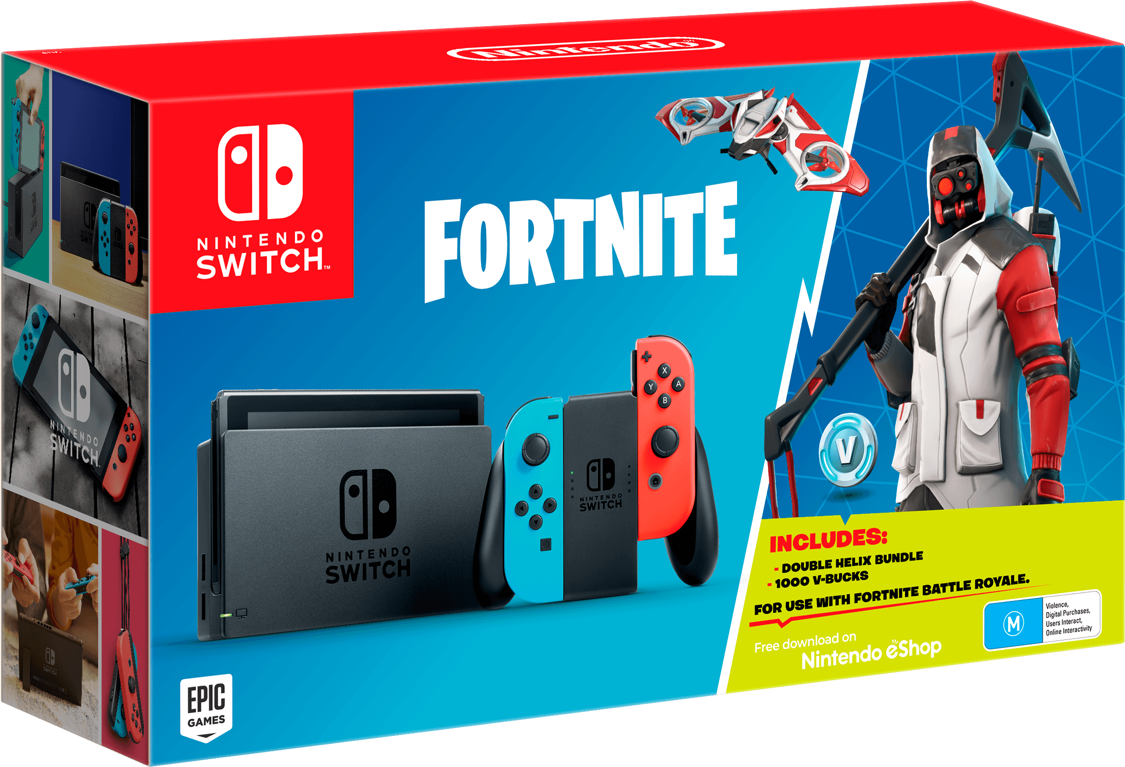 Bundle Contains 1,000 V-bucks And A Double Helix Bundle - Nintendo Switch With Neon Blue And Neon Red Joy‐con (3400x2200), Png Download