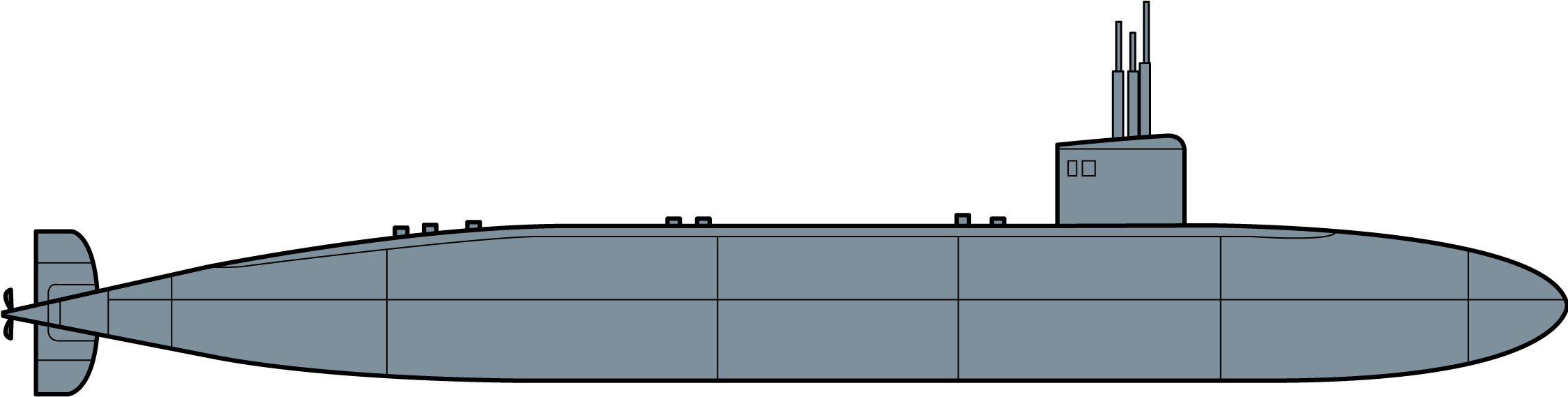Tomahawk Missiles, Vls Tubes , Mk48 Torpedoes, Four - Los Angeles Class Submarine Profile (2250x576), Png Download