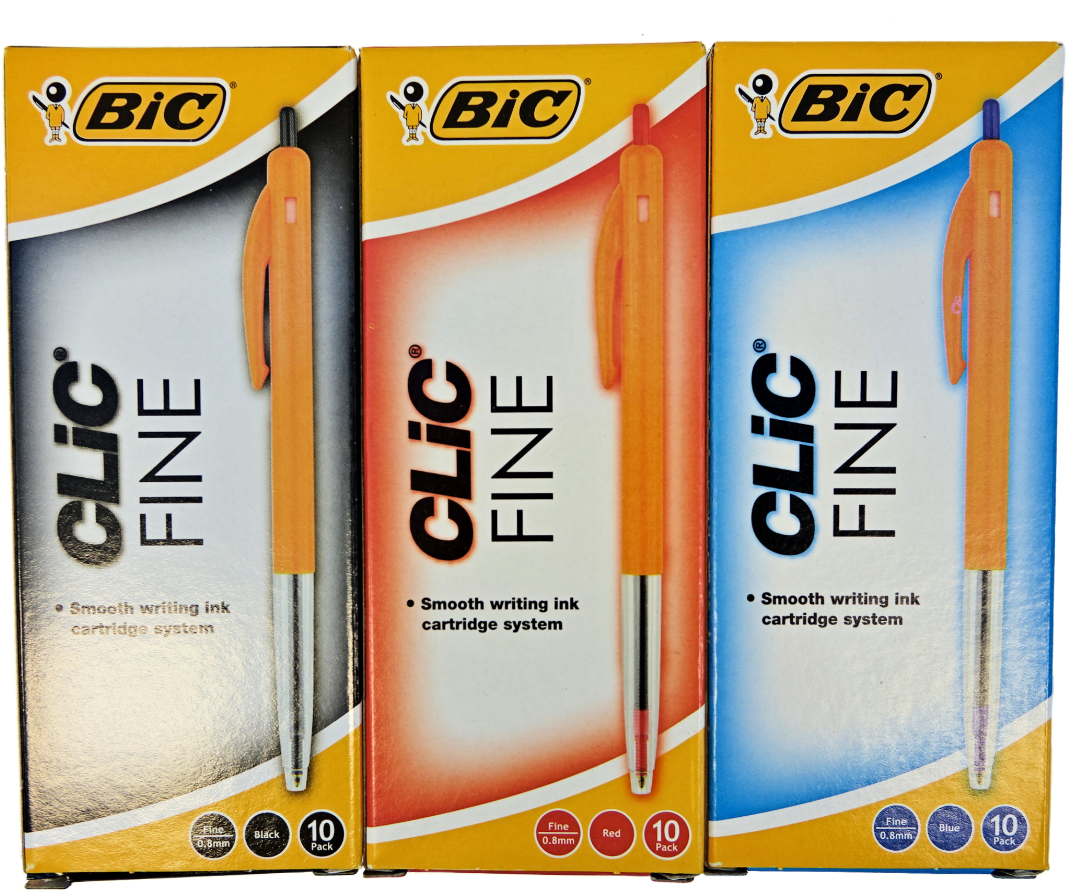 Bic Clic Fine Ballpoint Pen , Box - Bic: Clic Fine Tip Ballpoint Pens - Red (box Of 10) (1180x965), Png Download