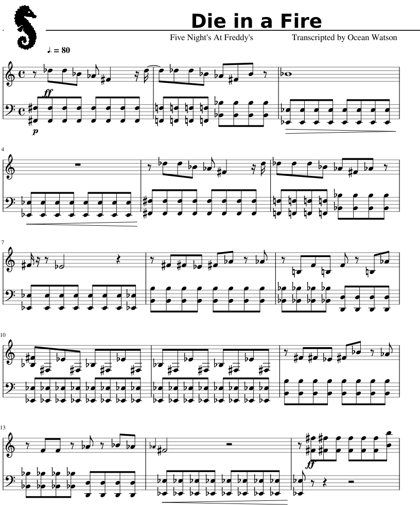 Die In A Fire- Five Nights At Freddy's Sheet Music - Piano Five Nights At Freddy's Die (850x1100), Png Download