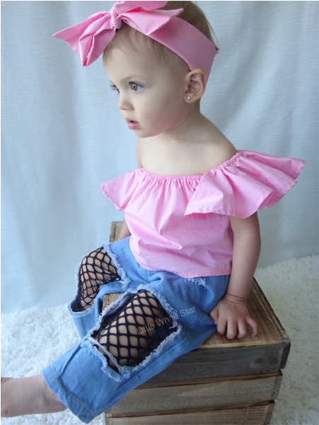 Pink Off-shoulder Fishnet Denim Pants 3pcs Set - Trousers (600x600), Png Download