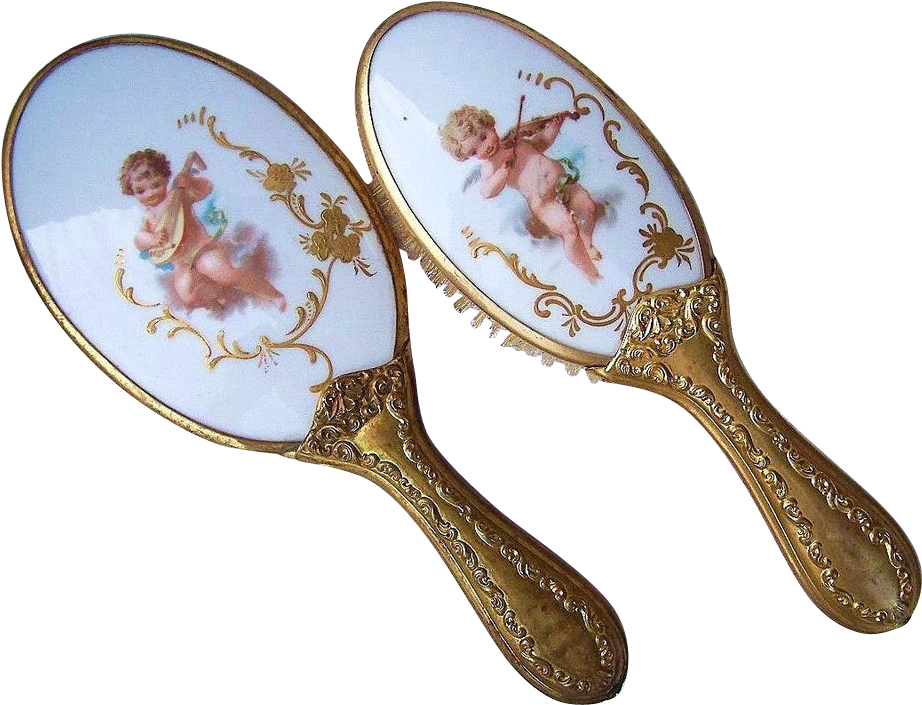 Gorgeous Limoges 1900's Matched Pair "cherubs" Hand - Mirror (921x921), Png Download