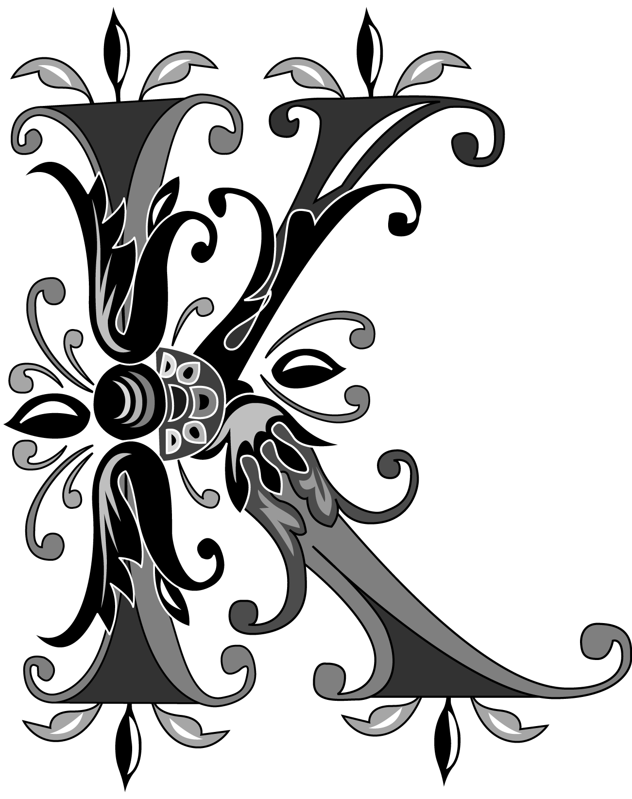 Foliage English Alphabet, Letter K, Black And White - Letra K En Blanco Y Negro (1301x1644), Png Download