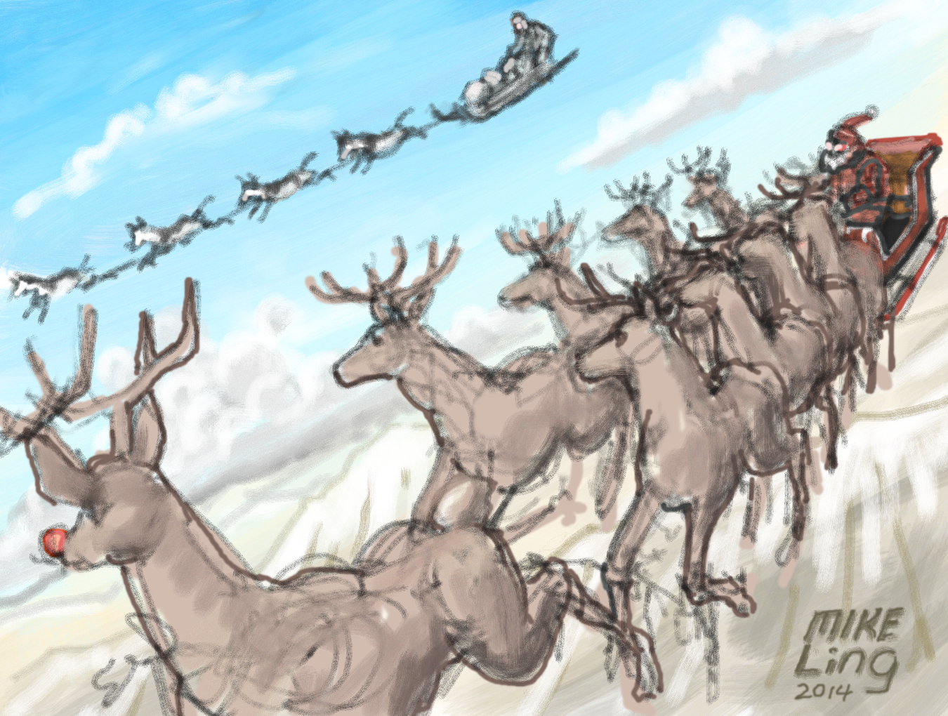 Clip Art Library Stock Forum Draw A Huskee Pulled Sled - Reindeer Pulling Sleigh Drawings (1350x1020), Png Download