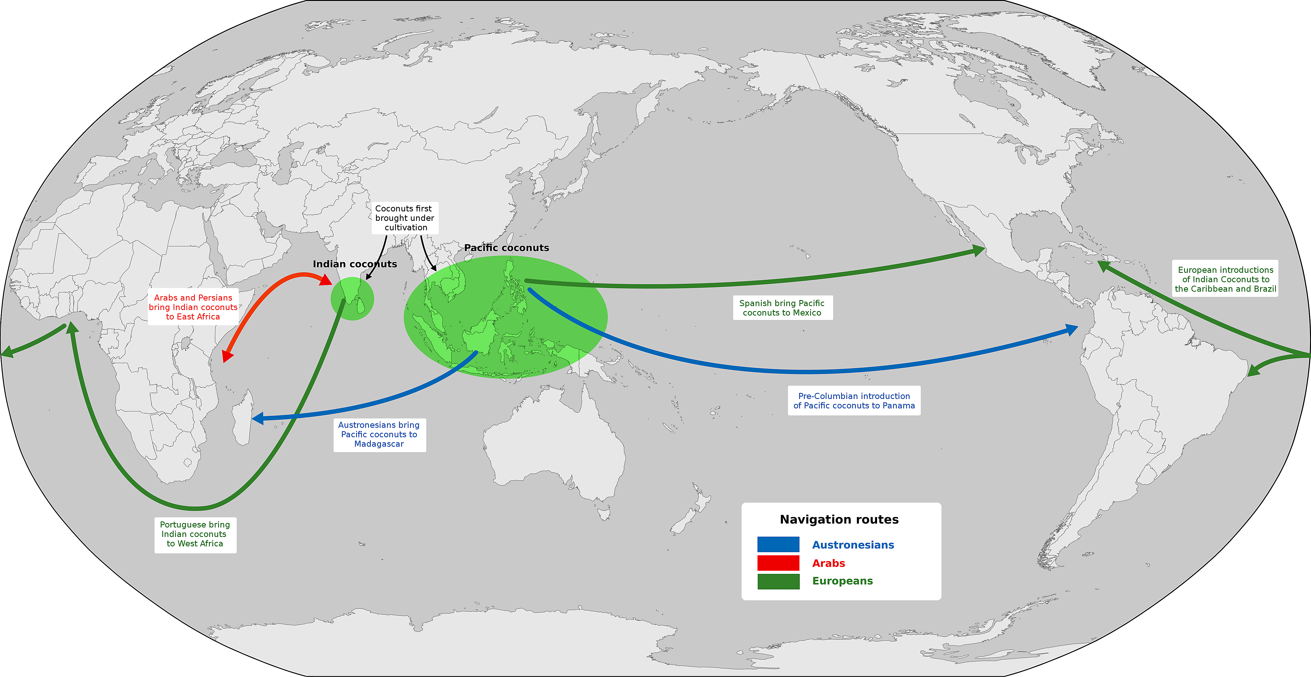 Historical Introduction Of Coconuts - Map (5000x2581), Png Download