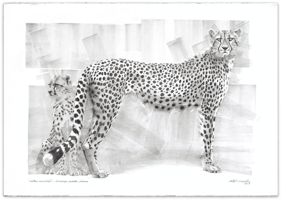 “mother And Child” For Sale Pencil Painting On Ac - Cheetah Painting Black And White (1182x860), Png Download