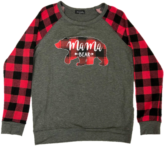 Mama Bear Sweatshirt Top With Buffalo Plaid, Gray And - Sweater (600x600), Png Download