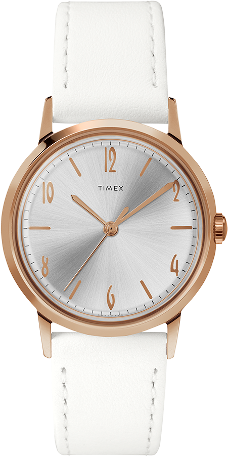 Hand Wound 34mm Leather Strap Watch Rose Gold Tone/white - Timex Watches Womens Price (750x900), Png Download