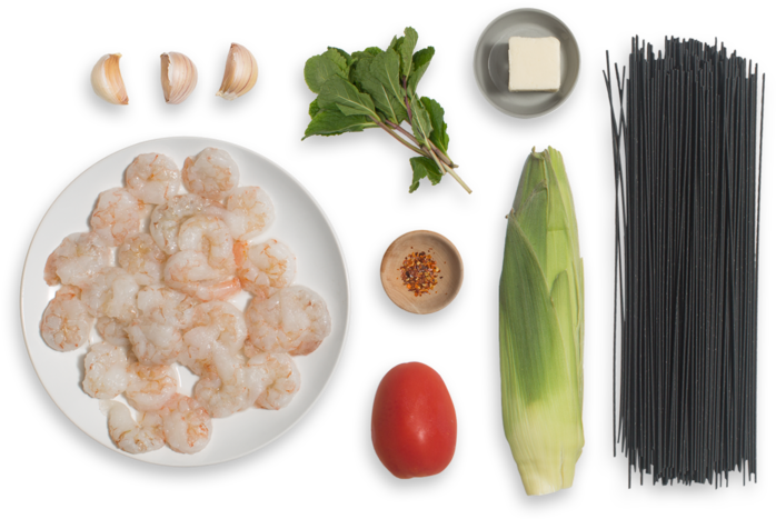Shrimp & Squid Ink Spaghetti With Summer Vegetables - Ink Spaghetti (700x477), Png Download