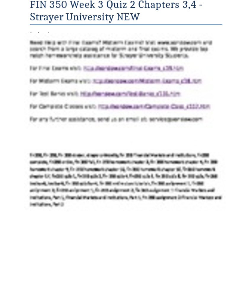 Fin 350 Week 3 Quiz 2 Chapters 3 4 Strayer University - Strayer University (850x1100), Png Download