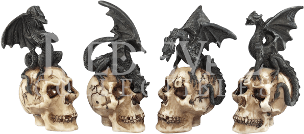 Black Dragons On Skulls Mini Statue Set - Black (595x595), Png Download
