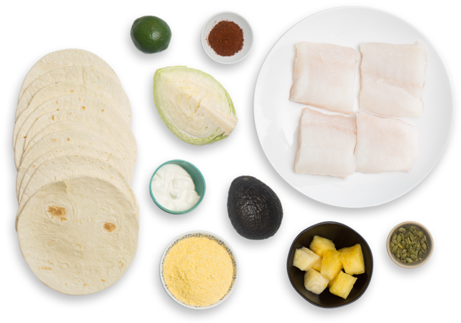 Crispy Cod & Cabbage Slaw Tacos With Avocado, Pineapple - Taco (700x477), Png Download