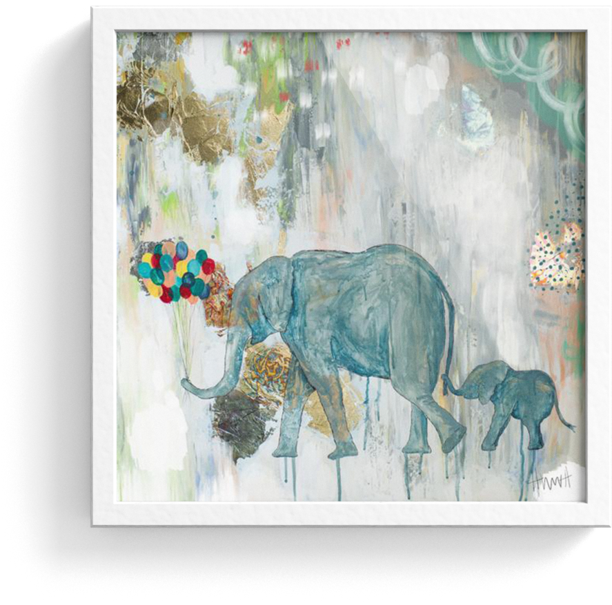 Two Elephants Print - Watercolor Baby Elephants With Balloon (1024x1024), Png Download