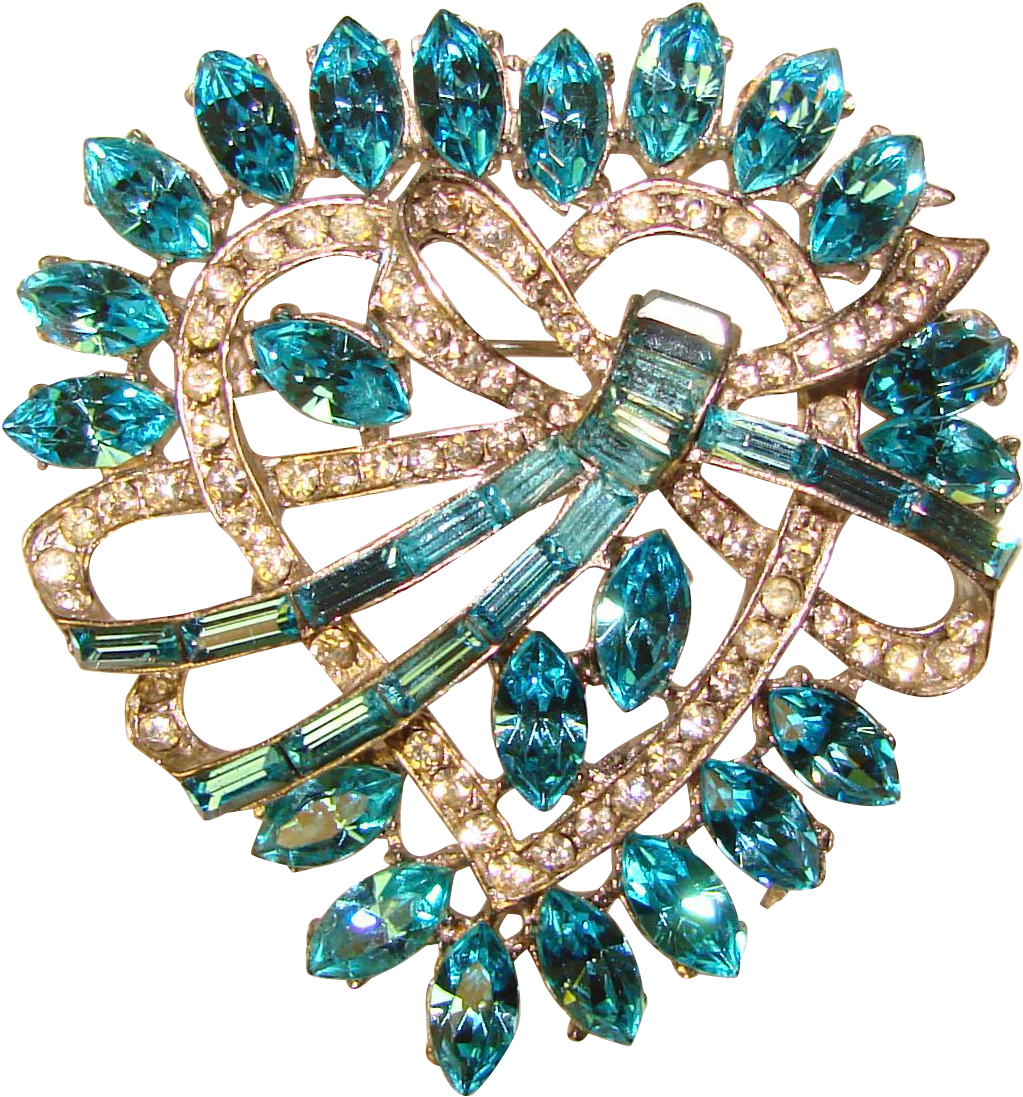 Fabulous Aqua Rhinestone Heart Shaped Vintage Signed - Brooch (1096x1096), Png Download