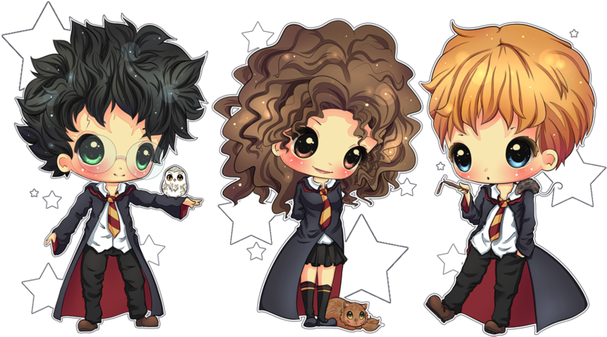 Harry, Rony E Hermione - Trio Harry Potter Chibi (900x514), Png Download