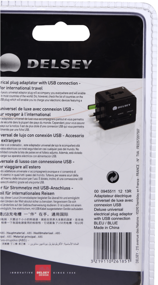 Deluxe Universal Electrical Plug Adaptor With Usb Connection - Delsey (640x960), Png Download