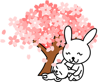 Rabbits Bunnies Animal Cute Tree Cherry Tr - Japan Cherry Blossom Cartoon (406x340), Png Download