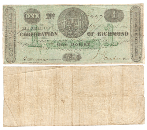 1861 $1 Corporation Of Richmond, Virginia Tr05-21 ~ - Virginia (480x480), Png Download