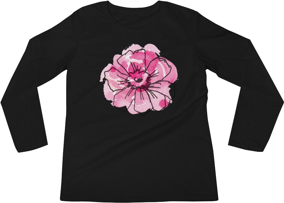 Black Anemone & Pink Watercolor Ladies Long Sleeve (1000x1000), Png Download