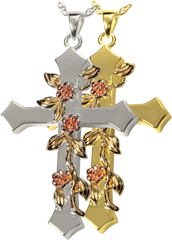 Rose Vine Cross Jewelry Shown In Silver And Gold Metal - Memorial Gallery 3306s Cremation Jewelry Rose Vine (500x500), Png Download