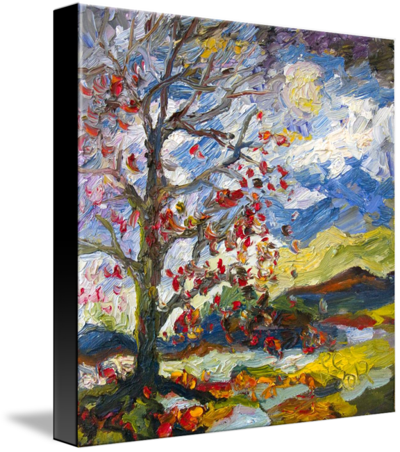 Autumn Sunset Impressionism Oil Painting Must Go Sale - Modern Art Autumn Tree Red Leaves Falling (576x650), Png Download
