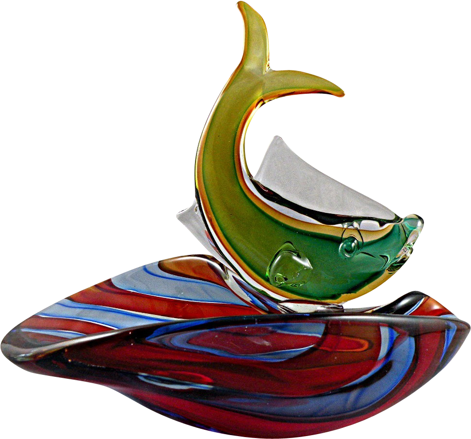 Colorful Murano Fish Bowl With Red And Blue Stripes (971x904), Png Download