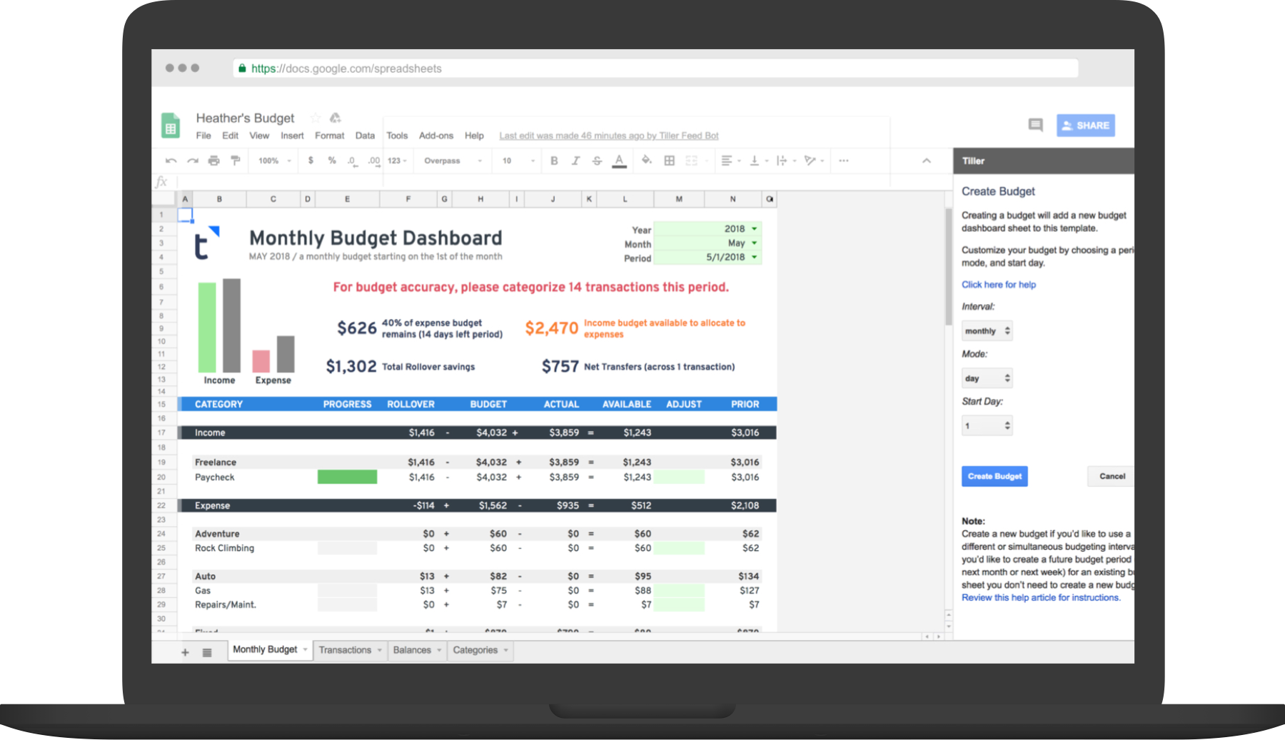Get The Only Google Sheets Templates Powered By Tiller, (1800x1037), Png Download