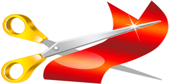 Red Tape Cut With Yellow Scissors - Scissors Cutting Ribbon Png (635x335), Png Download